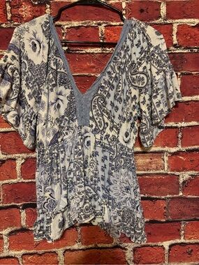 Othr Blue and White Paisley V-Neck Peplum Blouse